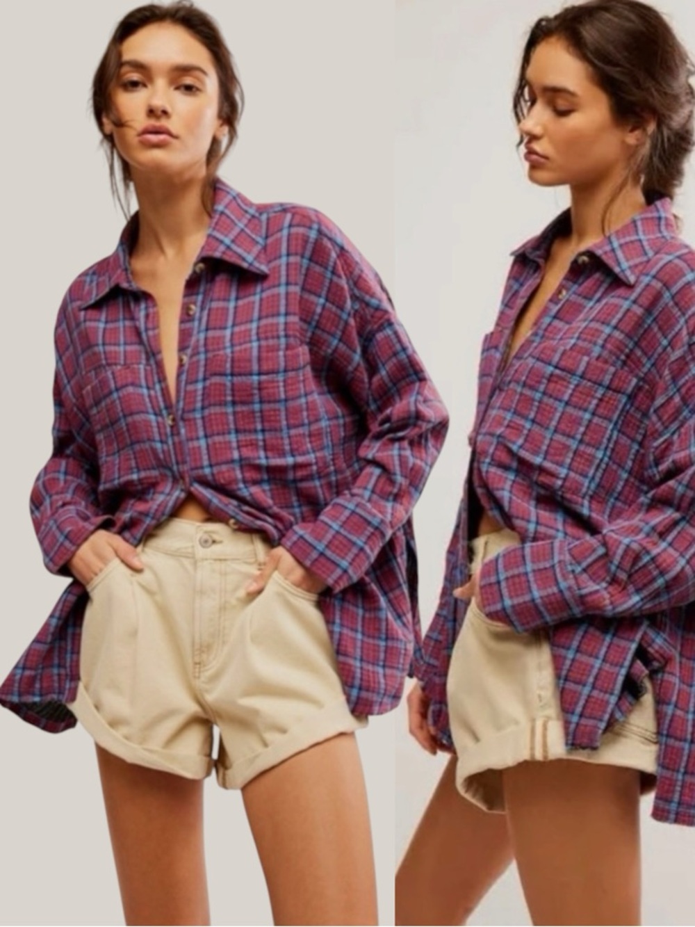 Free People Oversized Bohemian Grunge Fall Cardiff Plaid Swing Top Shirt Medium